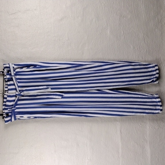 BERSHKA Blue White Striped Paper High Rise Bag Waist Skinny Leg Pull On Pant - Picture 6 of 13